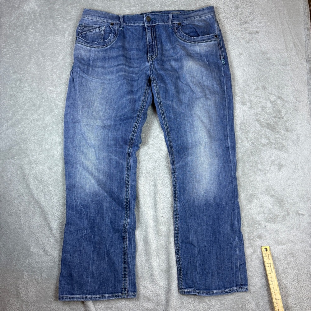 BKE Jeans Mens 38S (Fits 40x30) Jake Straight Faded Whiskered Blue Denim